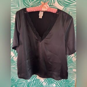 Joie Black Satin short sleeve w/ lace trim top sz S